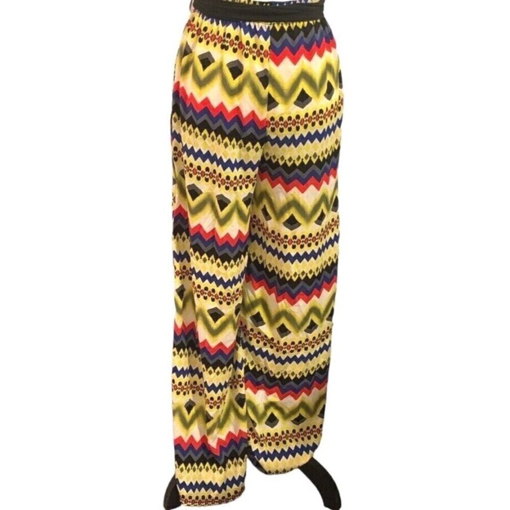 The Hangers Womens Palazzo Pants Size L/G Boho Geometric Print Multicolor Belt